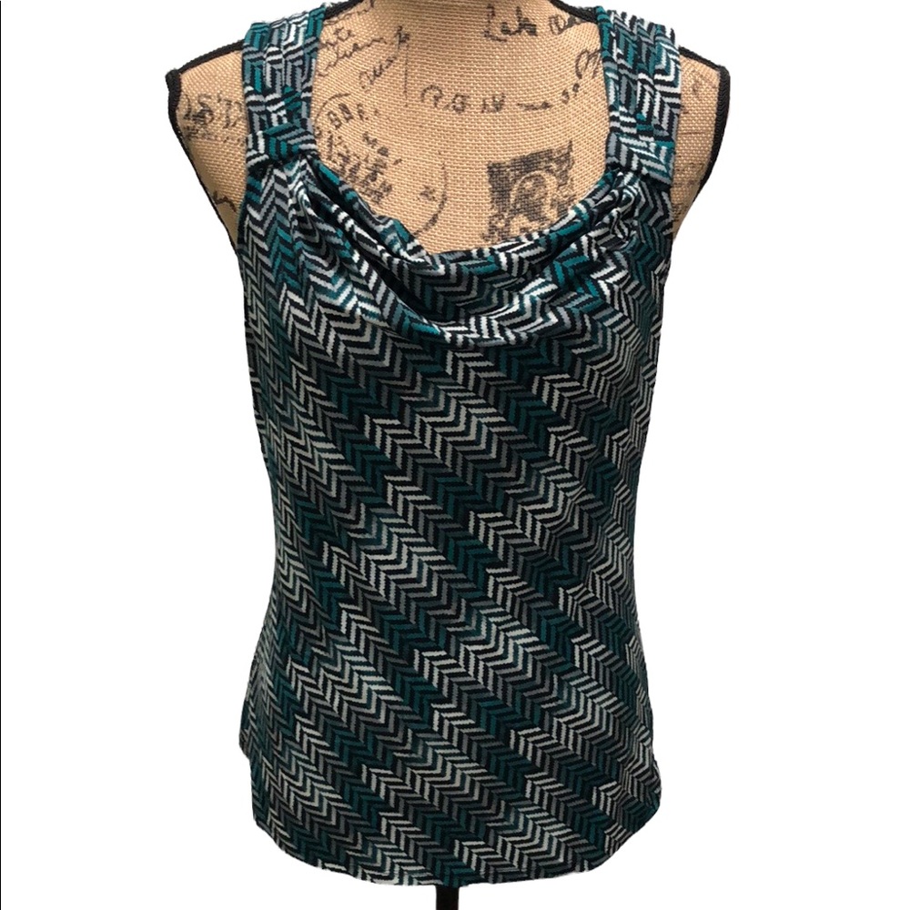 {WHBM} Green And White Cowl Neck Geometric Print Top